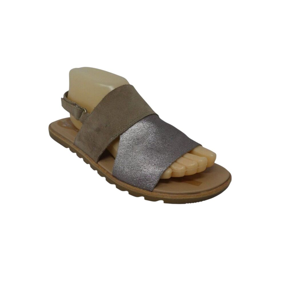 Sorel Ella II Brown Metallic Silver Suede Leather Open Toe Slingback Flat Sandal